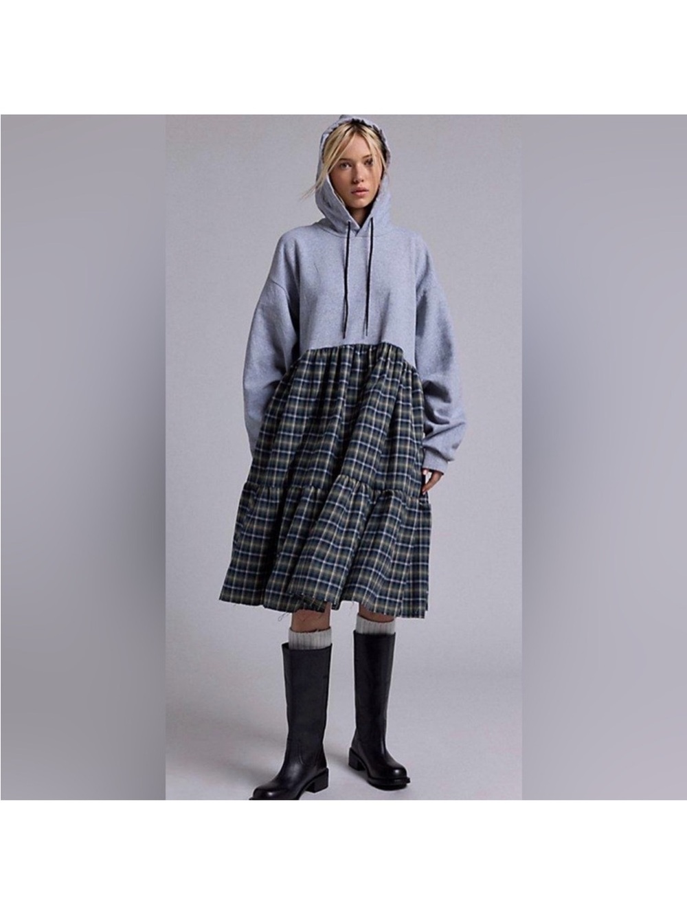Urban Renewal  Urban Outfitters Black Hoodie Dress with Green Plaid Skirt NWOT